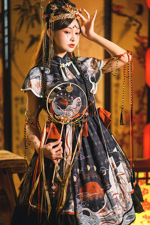 Classic Lolita OP Dress with Chang'e Moon Print and Ruffles