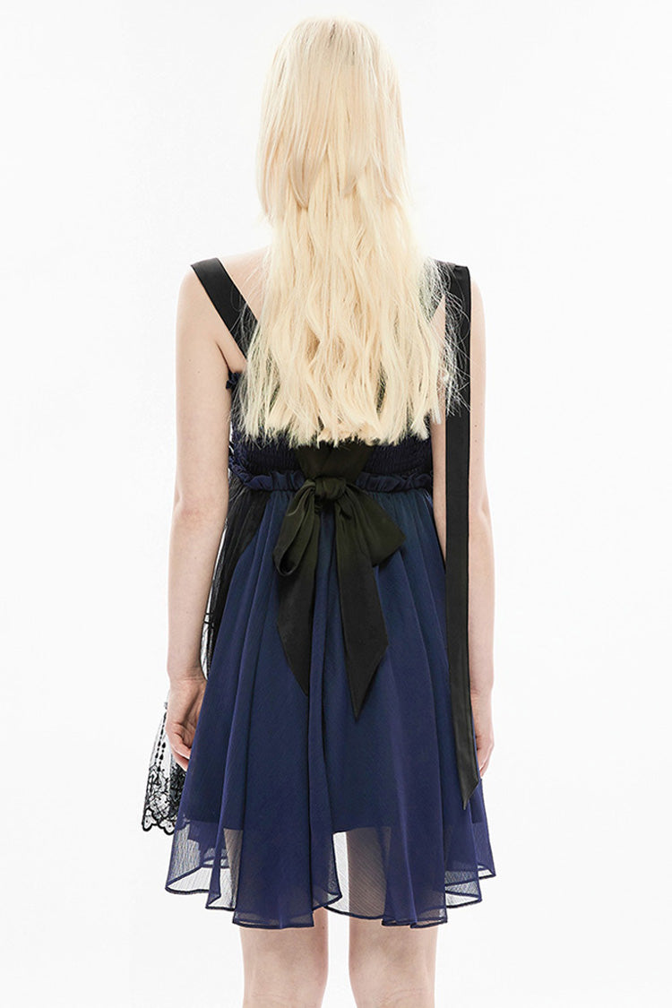 Blue Strap Big Bow Streamer Stitching Lace Suspender Gothic Dress
