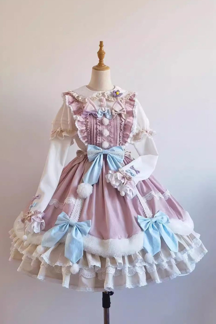 Pale Pink & White Little Fox Multi-Layer Ruffled Bow Long-Sleeve Sweet Lolita Dress