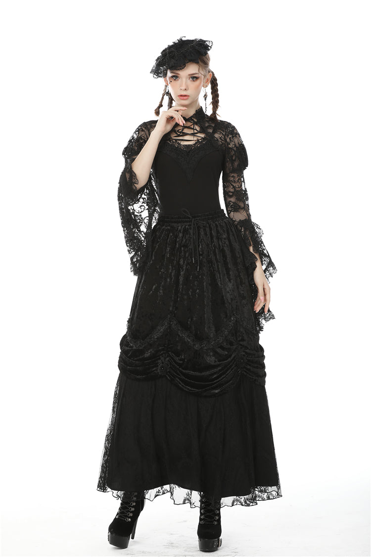 Jet-Black Gothic Cape with Sheer Floral Lace and Lacing for Women
