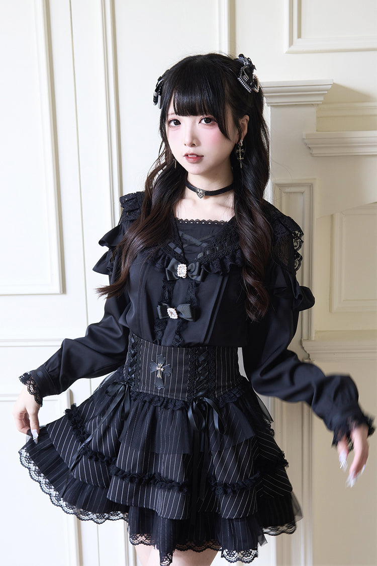 Navy Collar Bowknot Lace Long Sleeve Jirai Blouse in Three Colors