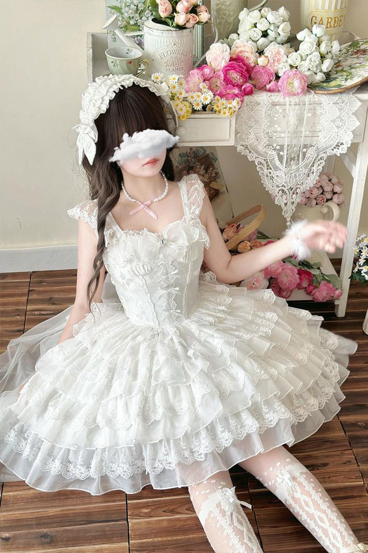 Ivory Sleeveless Multi Ruffle Bow Lace-Up Gothic Ballet JSK
