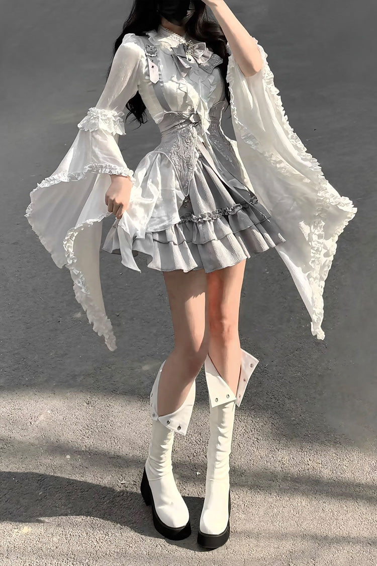 Ivory and Silver Key Embroidered Open-Front Bow Gothic Lolita Skirt Ensemble