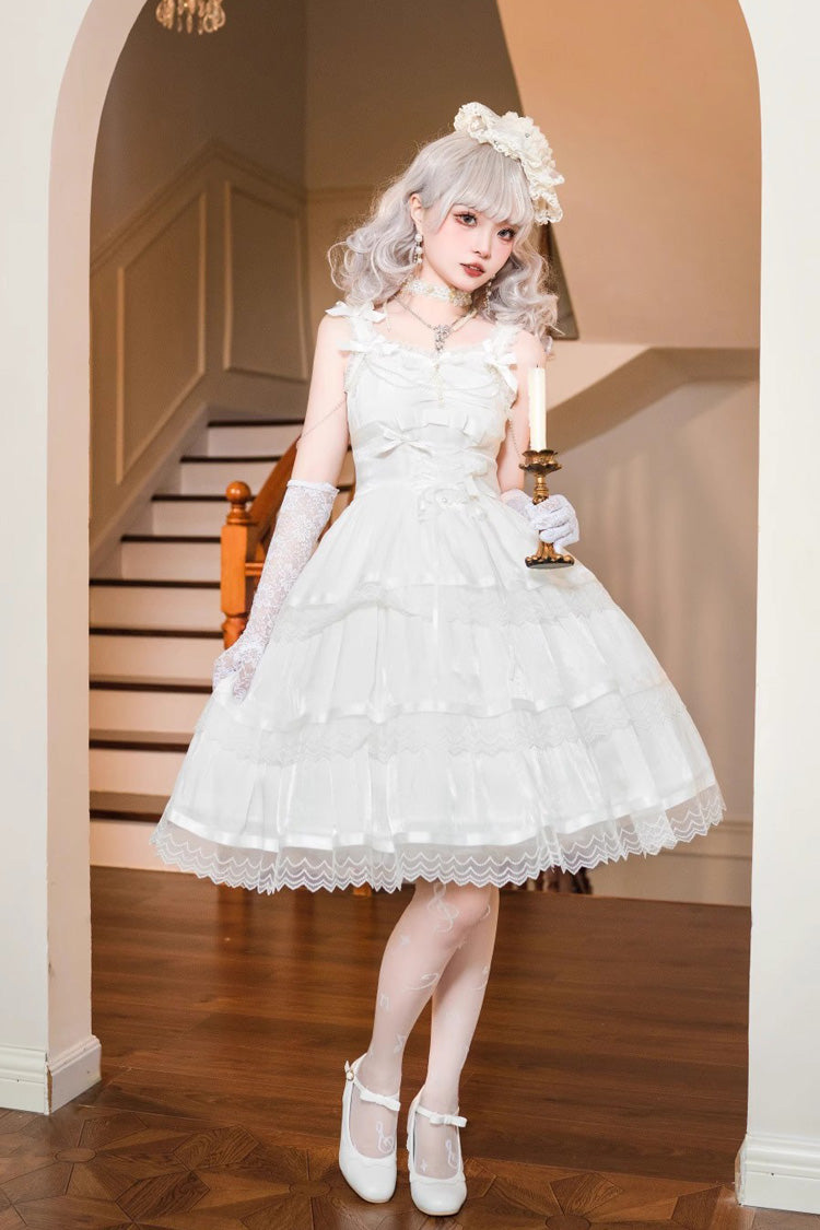 Ivory Sleeveless Multi-Layer Ruffle Bow Sweet Lolita JSK
