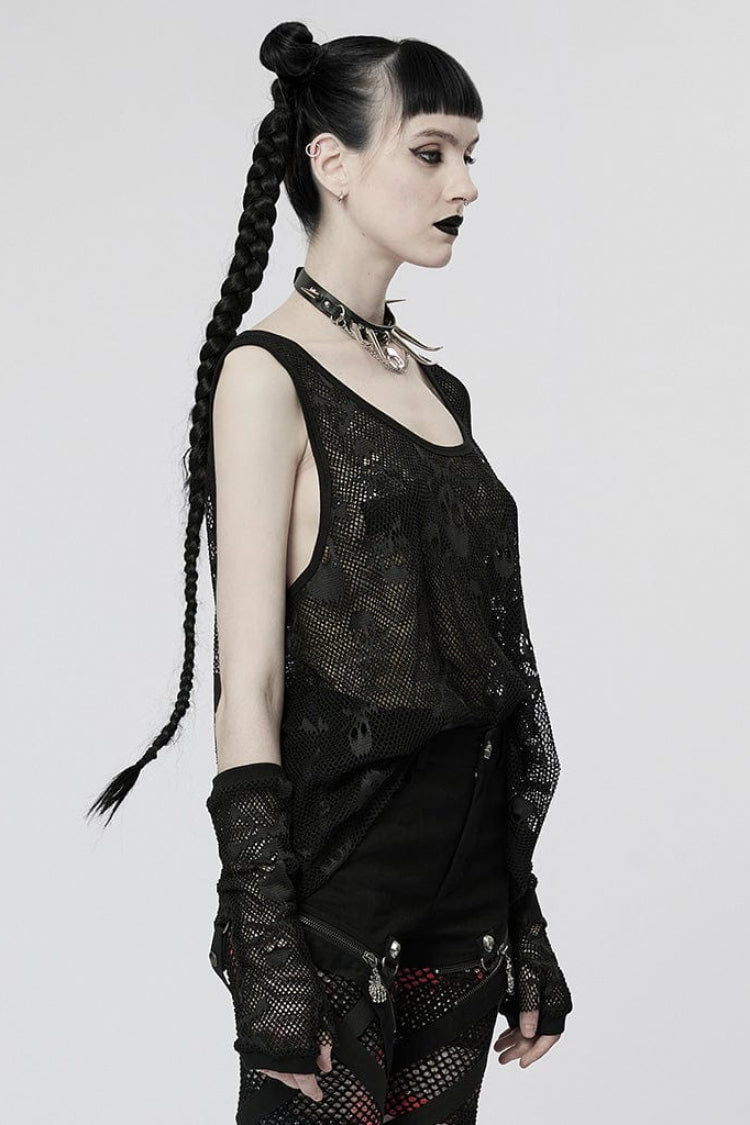Skull Print Stitching Mesh Steampunk Vest