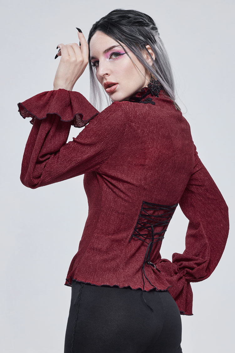 Crimson High Neck 3D Embroidered Lantern Trumpet Gothic Shirt