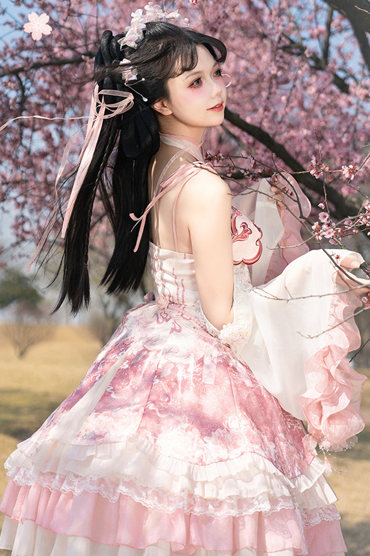 Flower Feast Pink Multi-Layered Print Ruffle Bowknot Sweet JSK Dress