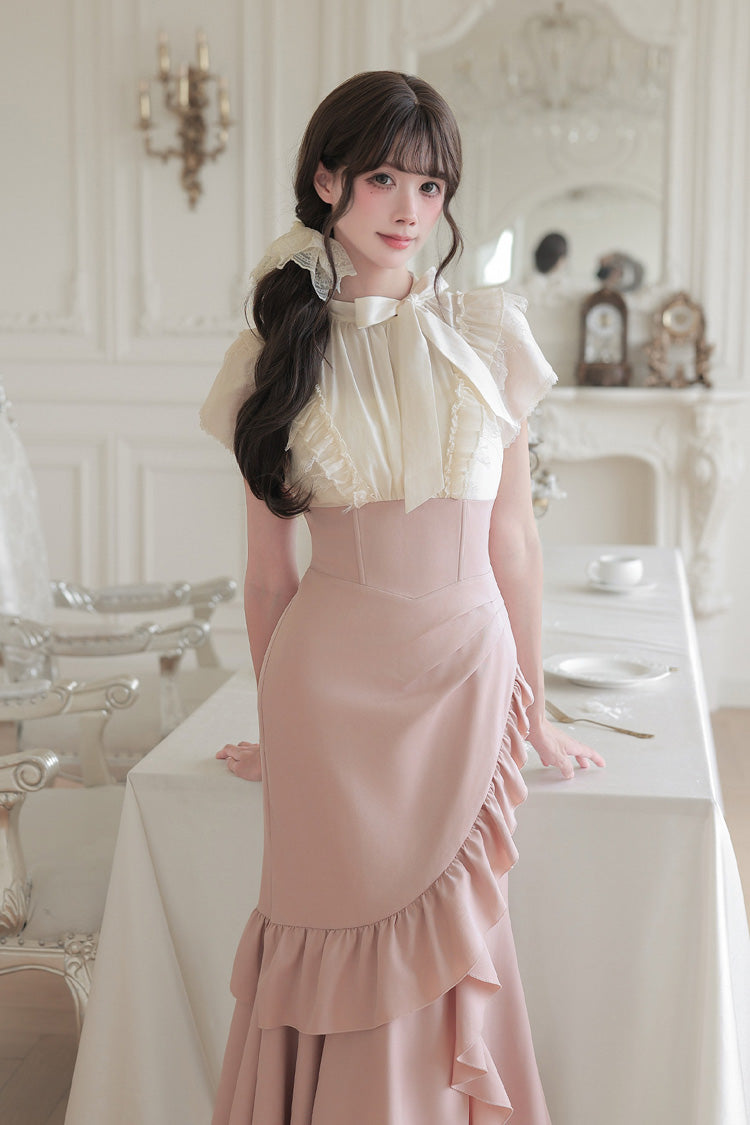 Blush & White Round Collar Short-Sleeve Ruffled Bow Lace Color-Blocked Boned Sweet Lolita Dress
