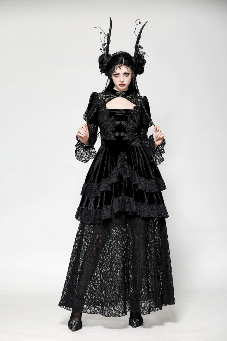 Jet-Black Gothic Evening Dress with Cutout Lace and Velvet Corset