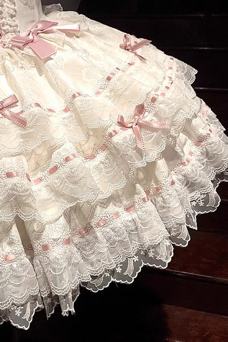 Apricot Sweet Elegant Lolita JSK Dress with Sleeveless Ruffles Bowknot Lace and Lace-Up
