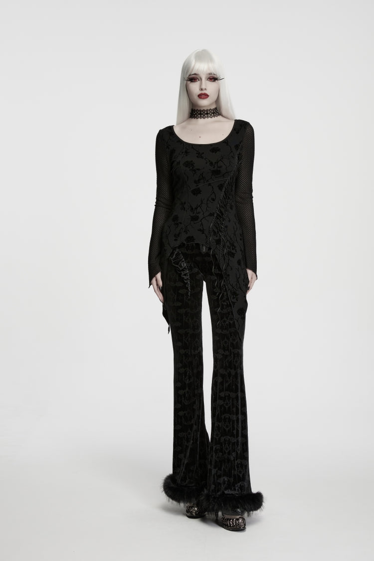 Charcoal Crewneck Long-Sleeve Jacquard Lace-Up Asymmetric Elegant Gothic Top for Women