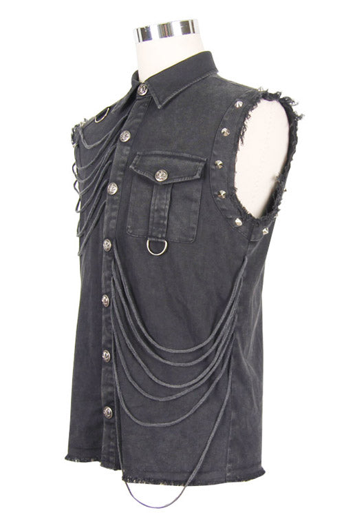 Sleeveless Punk Blouse with Frayed Hem for Men in Black