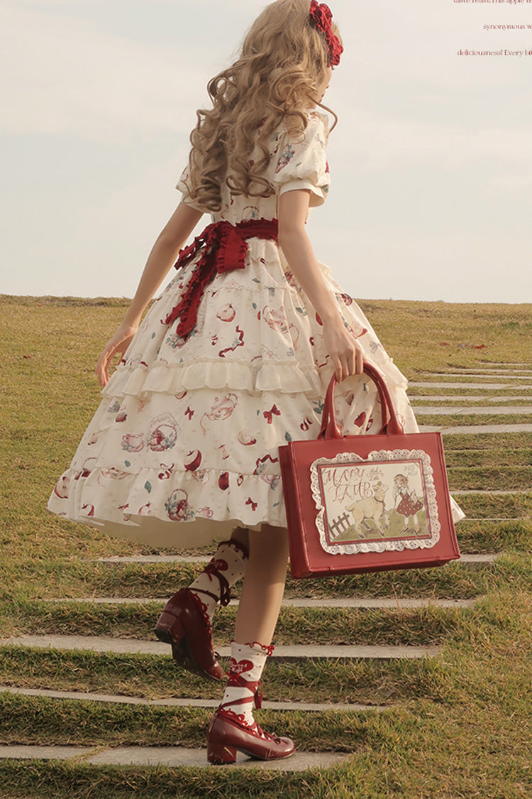 White Apple Tea Printed Country Style Sweet Lolita Dress - Short Sleeved Ruffled