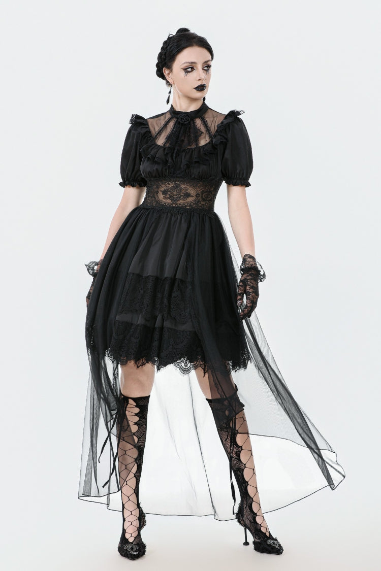 Chiffon Gothic Wedding Dress with High-Low Hem and Layers