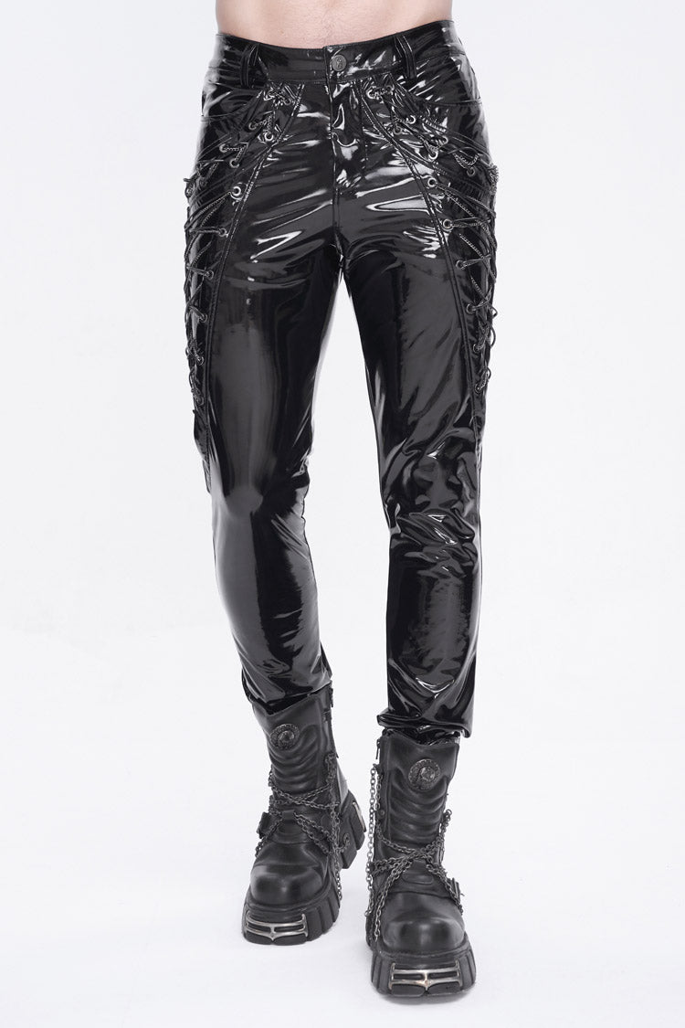 Punk Patent Faux Leather Lace-Up Trousers for Men