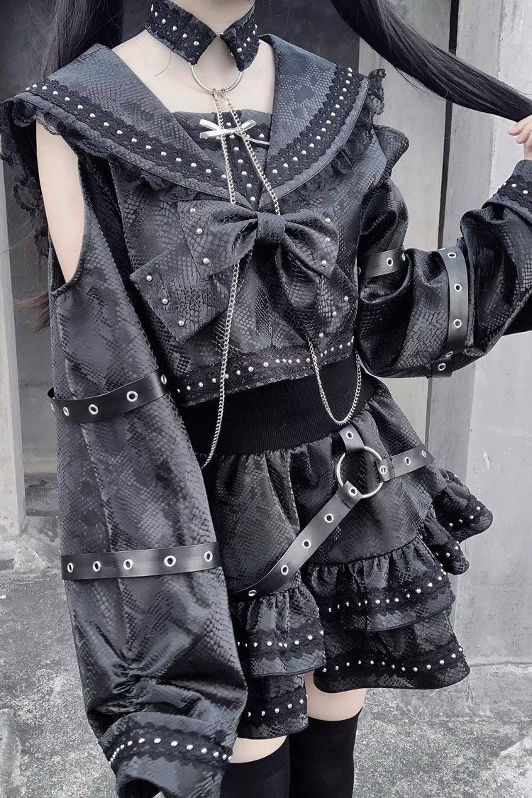 Serpent Navy Collar Snake Printed Studded Gothic Skirt Set
