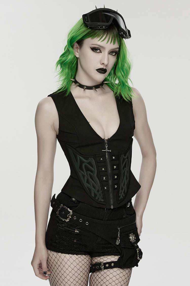 Embossed Studded Zippered Punk Sleeveless Vest with V-Neck