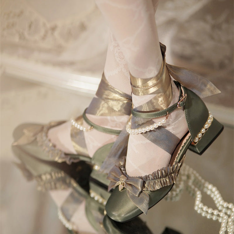 Sweet Lolita Footwear with Bow, Lace, and Pearl Accents in 4 Colors