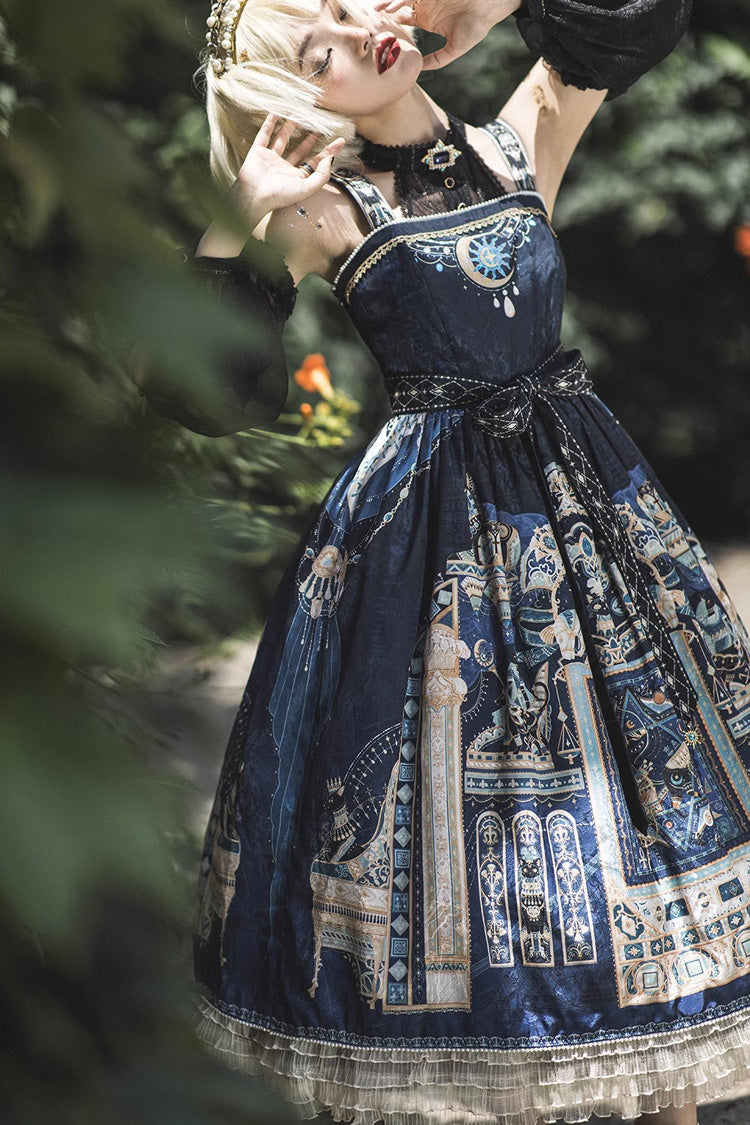 Gothic Lolita Dress with Egyptian Print, Ruffles, Dusk Style