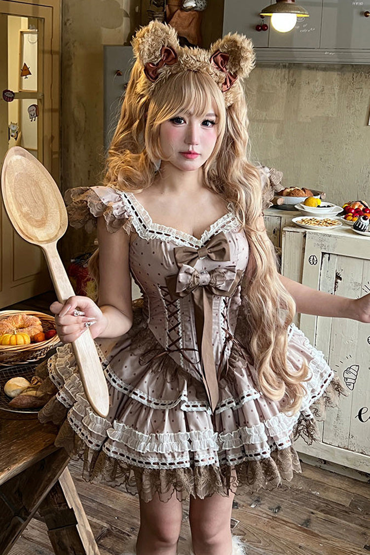 Chocolate Sleeveless Lace-Up Bow Princess JSK with Double Layers