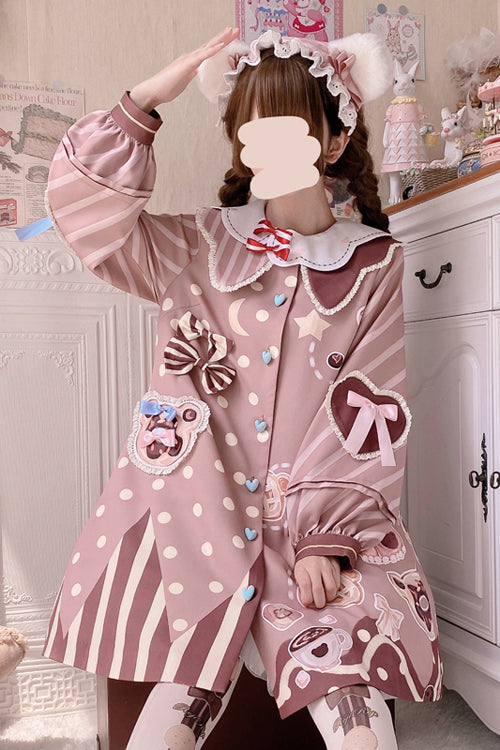 Pink Bear-Print Lantern-Sleeve OP Dress with Lapel Collar