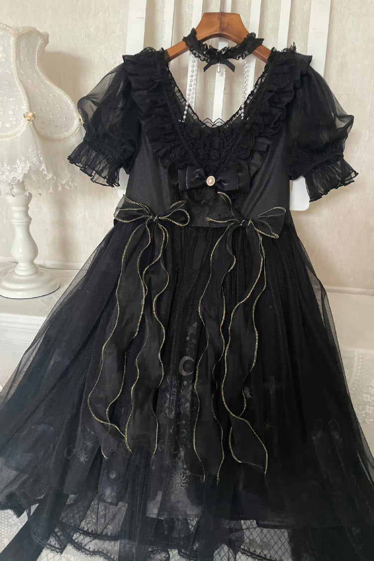 Black Planet Butterfly Printed Gothic Lolita Dress - High-Waisted Ruffled Lace