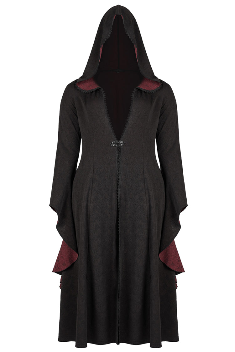 Crimson & Noir Knitted Witch Rose Patterned Gothic Overcoat with Oversized Hood