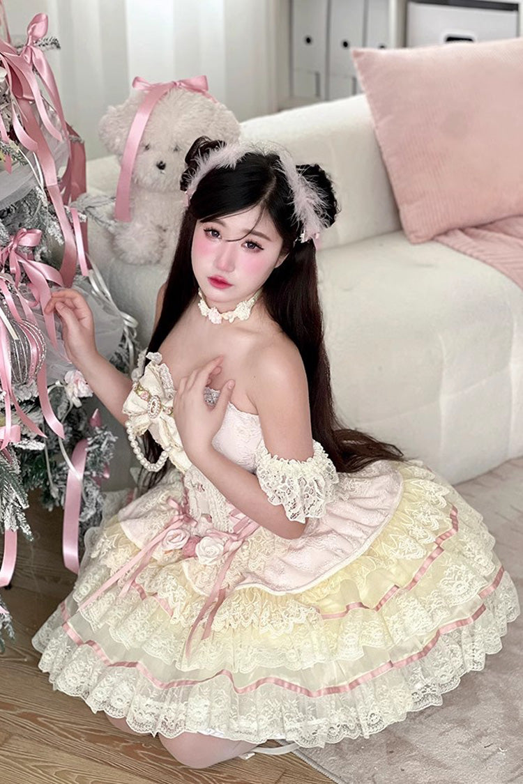 Pink Triple-Layered Ruffled Bow Lace Gorgeous Sweet Lolita Skirt