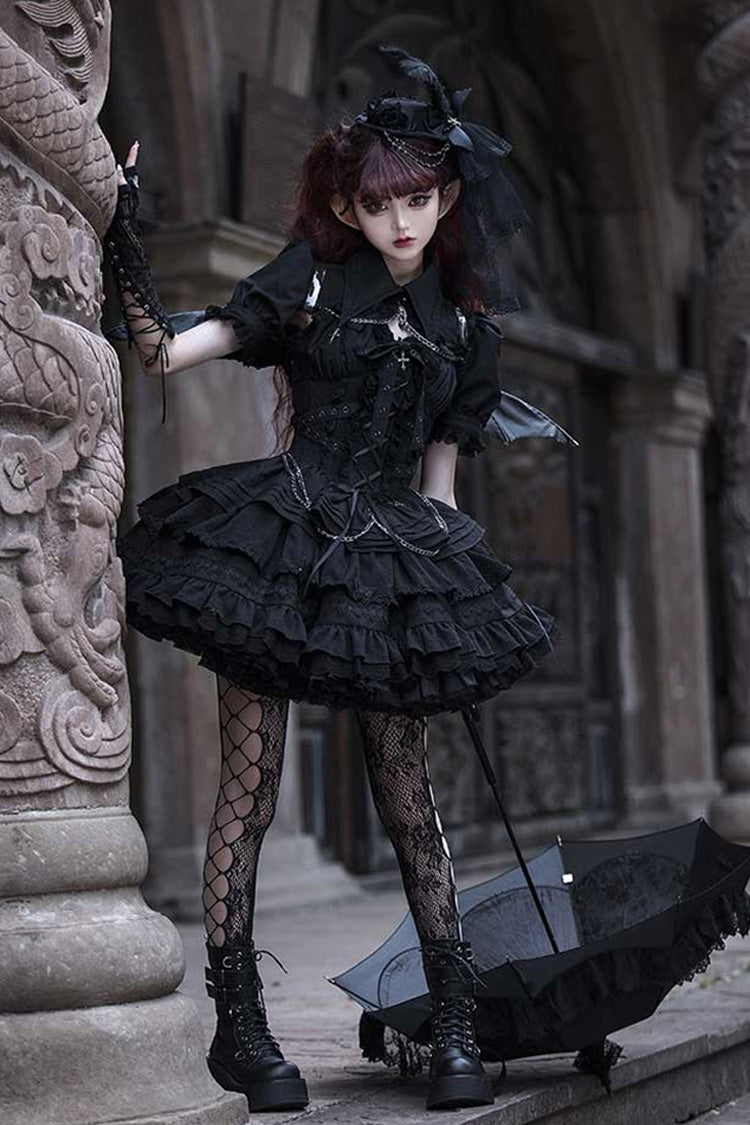 Sleeveless Triple Ruffle Bow Lace Up Gothic Lolita Jsk Dress