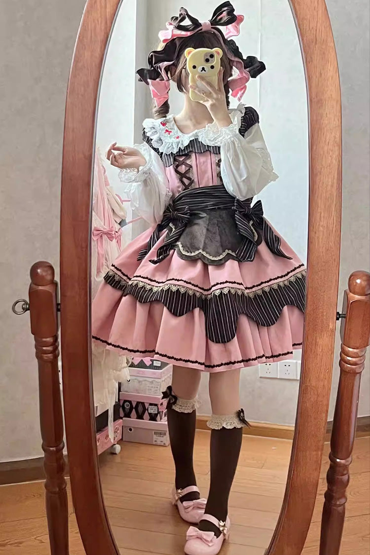 Irregular Sweet Dress with Double-Layered Print and Bow Lace-Up - Strawberry and Mint Chocolate