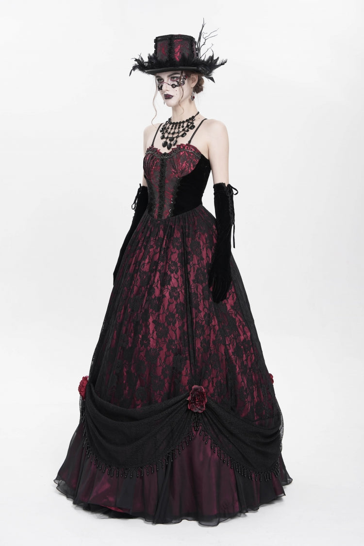 Scarlet Beaded Floral Embroidered Gothic Long Slip Dress