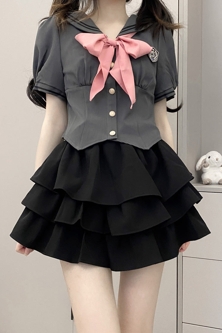Sweet College Style Skirt Set with Ruffle Bowknot