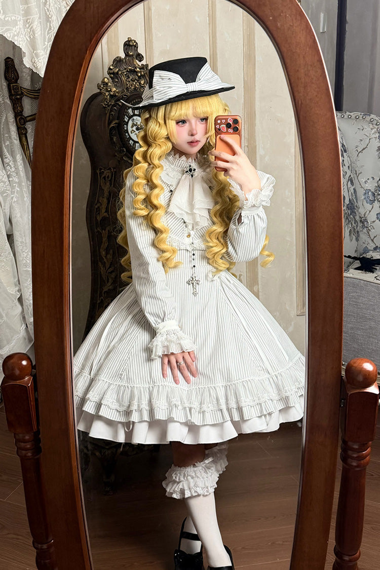Ivory Manor Point High Collar Long Sleeve Striped Ruffle Hem Gothic Gown