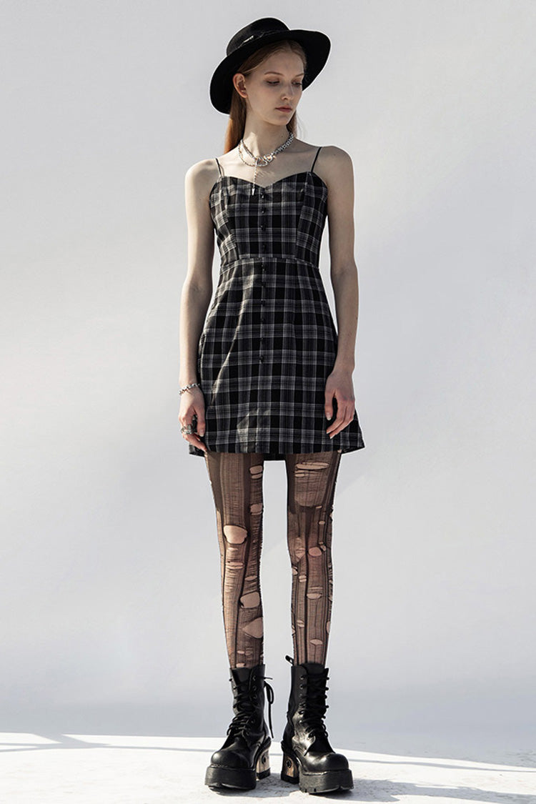 Plaid Skull Studded Belt Punk Suspender Dress - Black/White