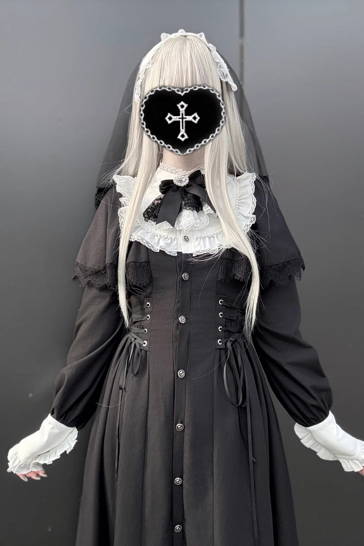 Gothic Jirai Kei Long Dress with Lace-Up Ruffled Bow Sleeves