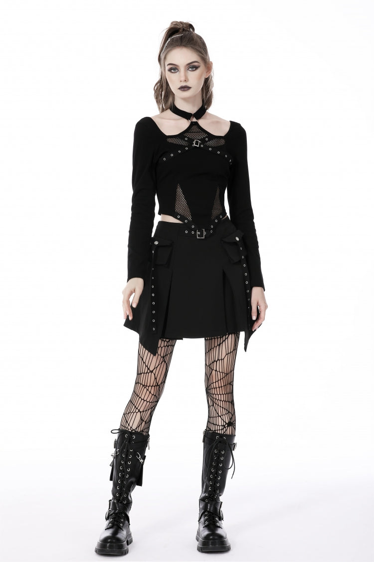 Trendy Black Eyelet Mesh Splice Long Sleeve Halter Punk Crop Top