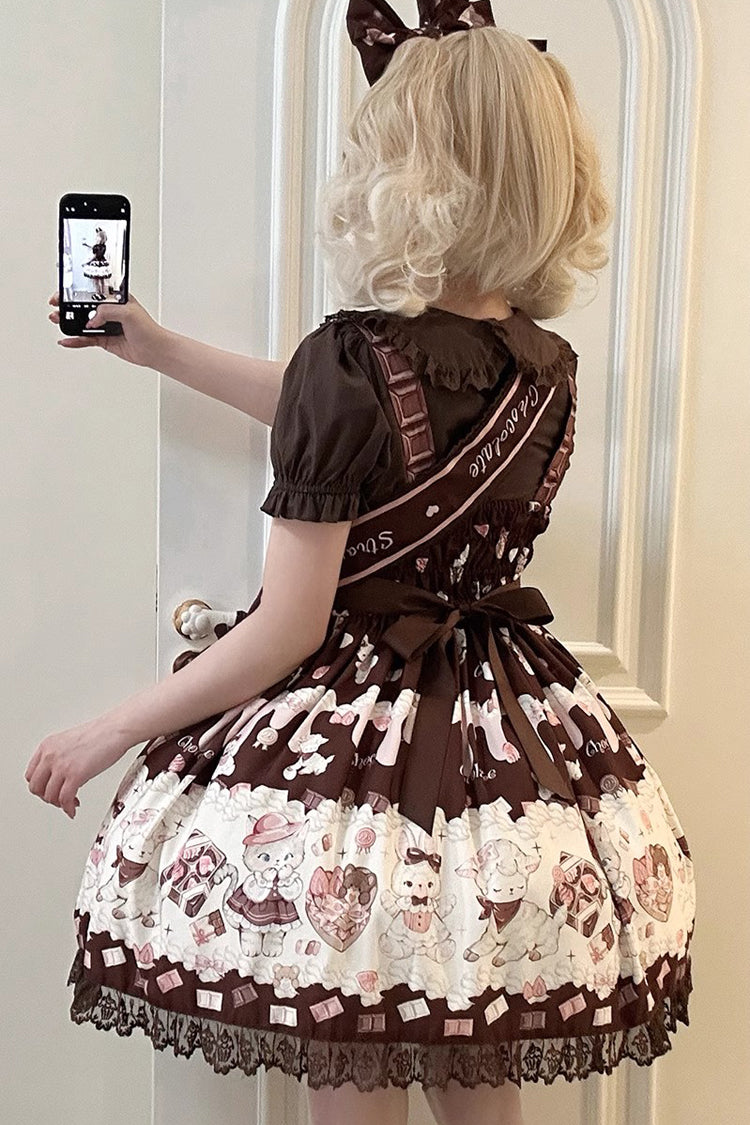 Chocolate Rosette Cat Printed Bow Stitching Lace Sweet Lolita JSK Dress