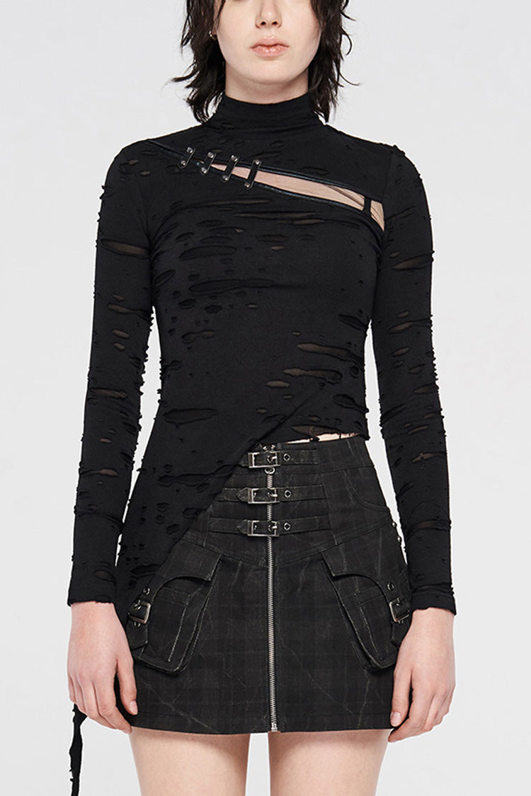 Jet-Black Mesh Top with Cutout Chest, Strappy Hem and High Neckline for Women