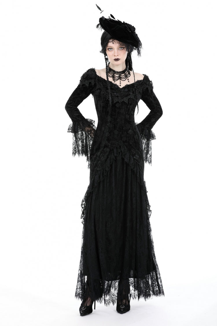 Off Shoulder Lace Long Trumpet Sleeves Lace-Up Gothic Bodycon Dress