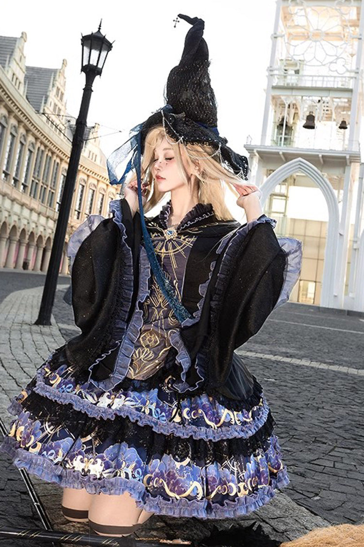 Black Long Sleeve Double Print Ruffle Lace Gothic Lolita Dress