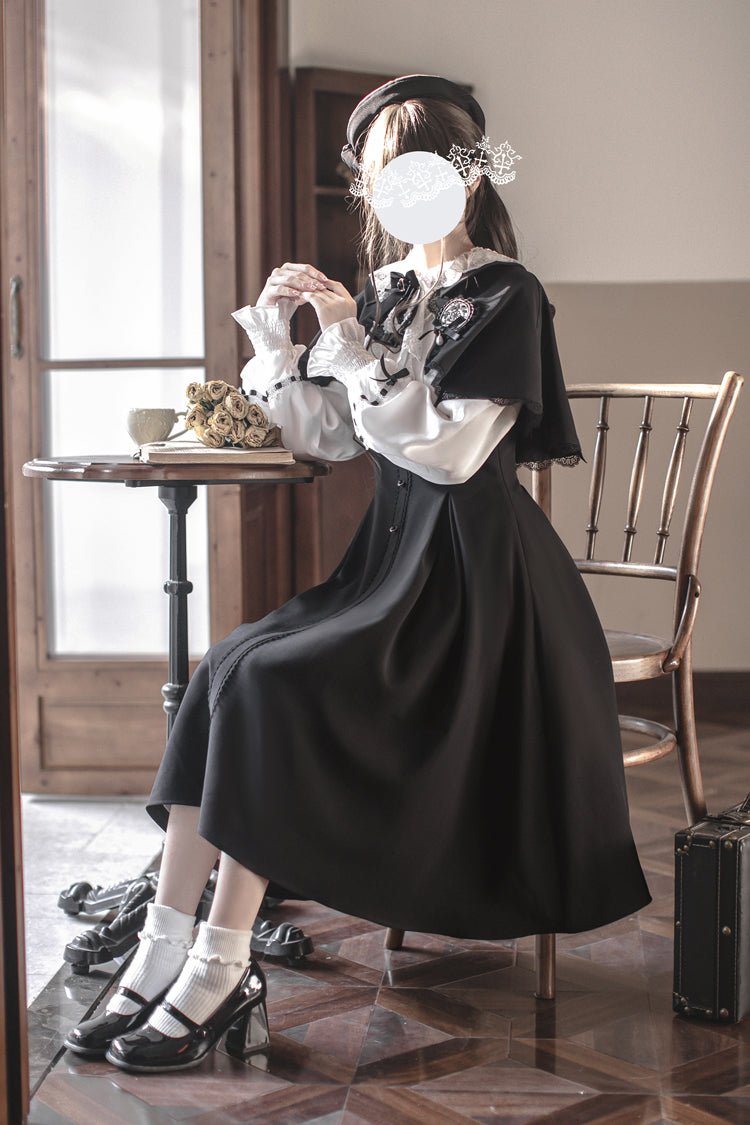 Black/White Sunset Academy Long Sleeves Ruffled Bow Fake Two Pieces Vintage Collegiate Elegant Lolita Gown