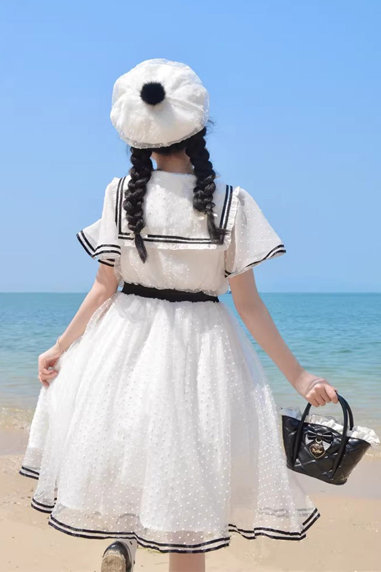 Ivory Navy Collar Ruffled Sailor Dress with Lace-Up - Seaside Sweetheart