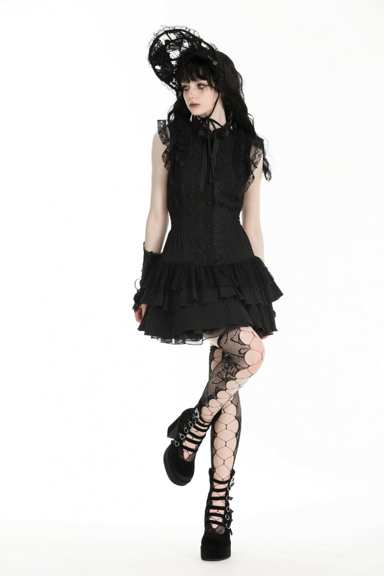Gothic Sleeveless Black Lace Bow-Accented High-Neck Triple-Tiered Hem Long Dress