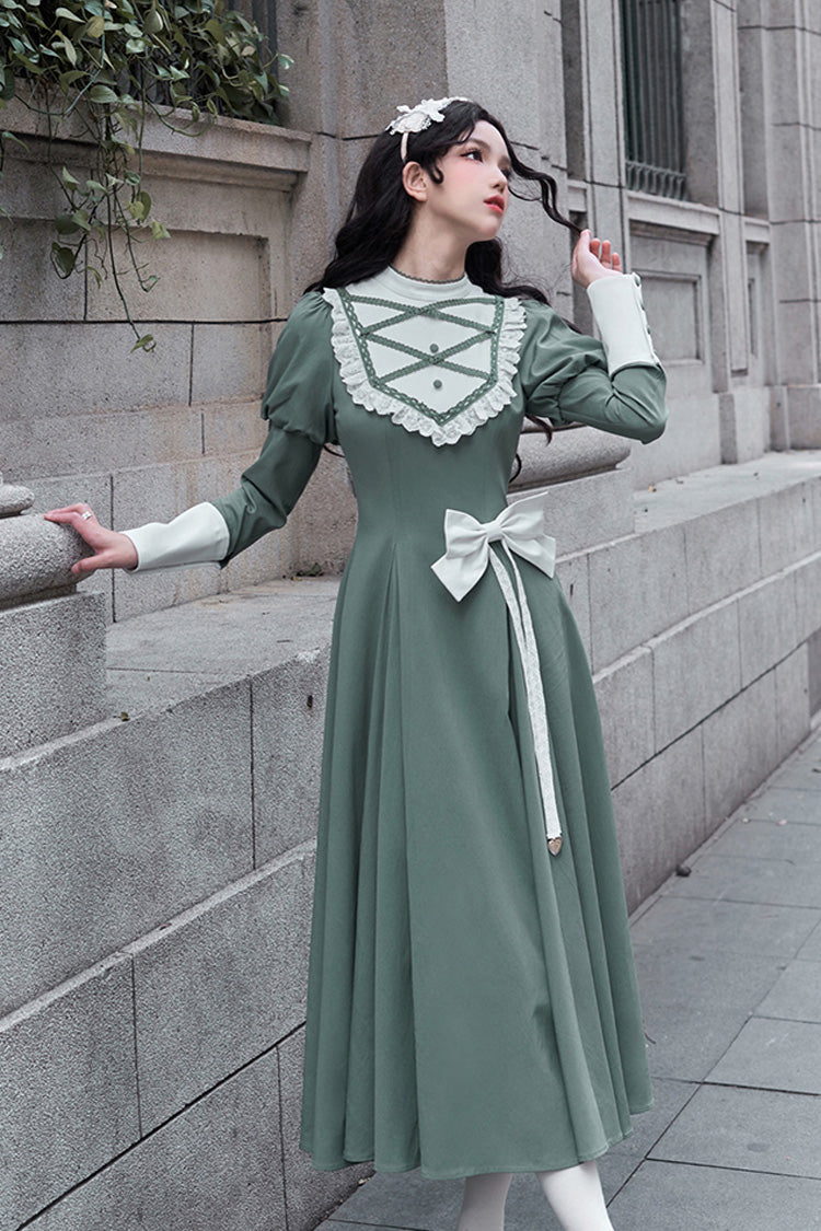Emerald Nun-Inspired Stand-Collar Long-Sleeve Lolita with Ruffle Bow