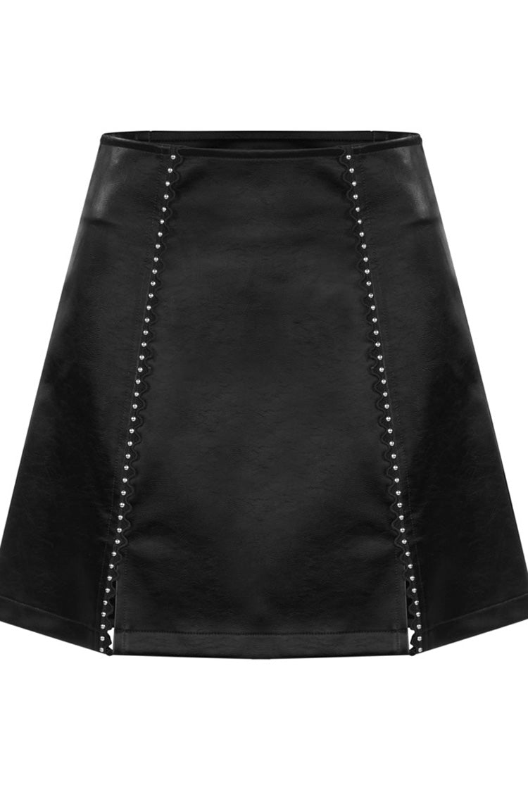 Leather Punk Skirt with Lace Slit and Rivet Trim