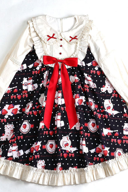 Strawberry Milk Print Lolita OP Dress - High Waist, Sweet