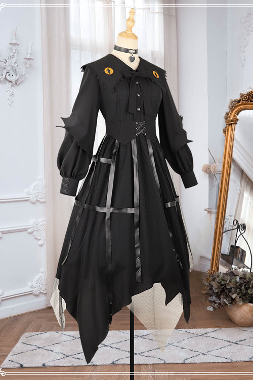 Ebony Gothic OP Dress - Lapel Collar Cat Eye Hem