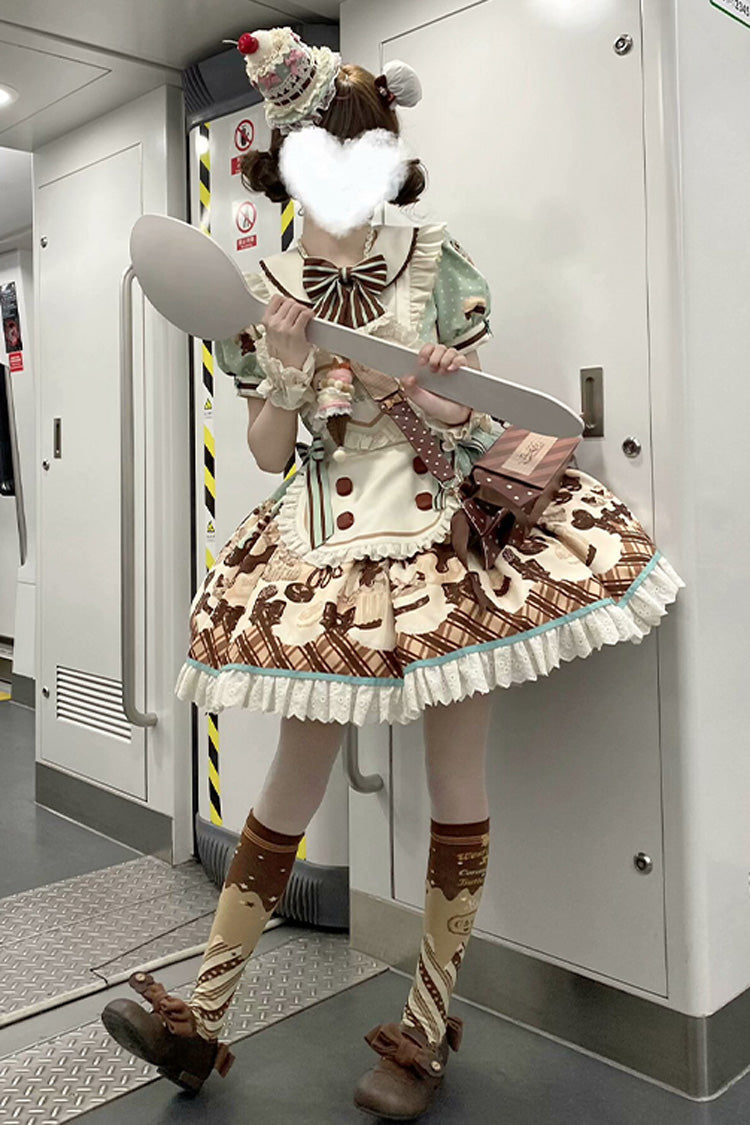 Brown Chocolate Cake Bear Print Ruffled Bow Lace-Up Sweet Dress - Peppermint Chocolate