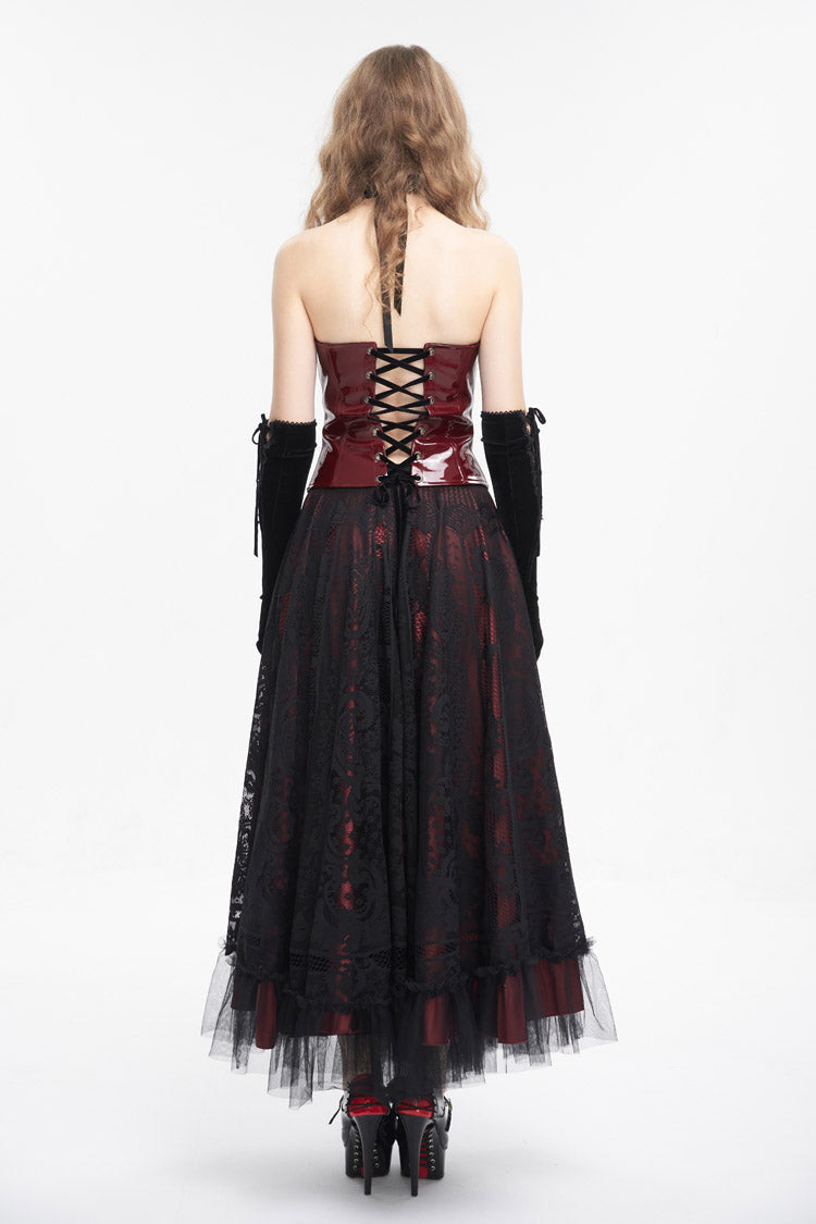 Crimson Lace Splice Patent Leather Punk Overbust Corset