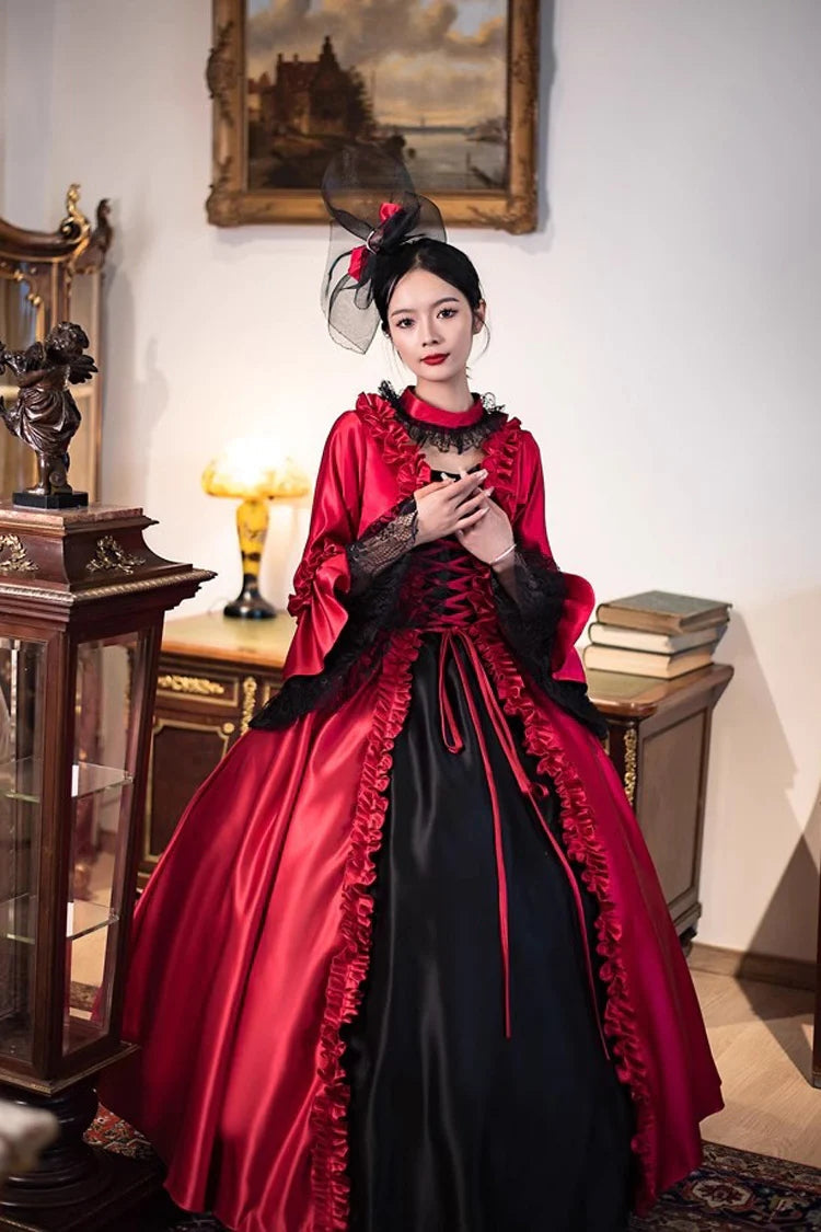 Wine Red Print Medieval Court Rococo Gothic Victorian Lolita Long Dress
